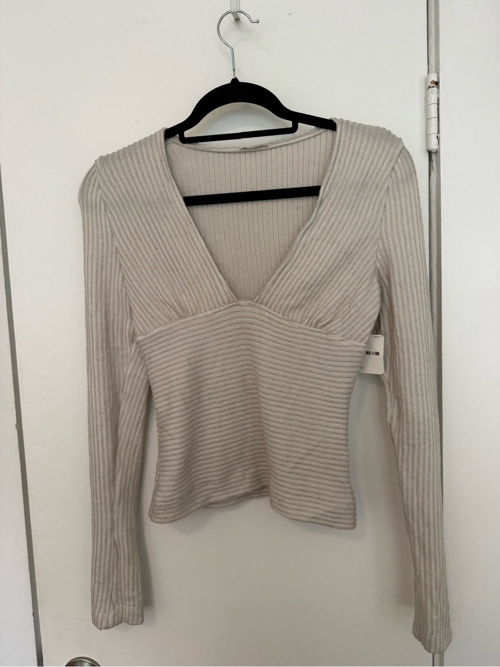 Free People Ribbed V-Neck Long Sleeve Top - Light Beige
